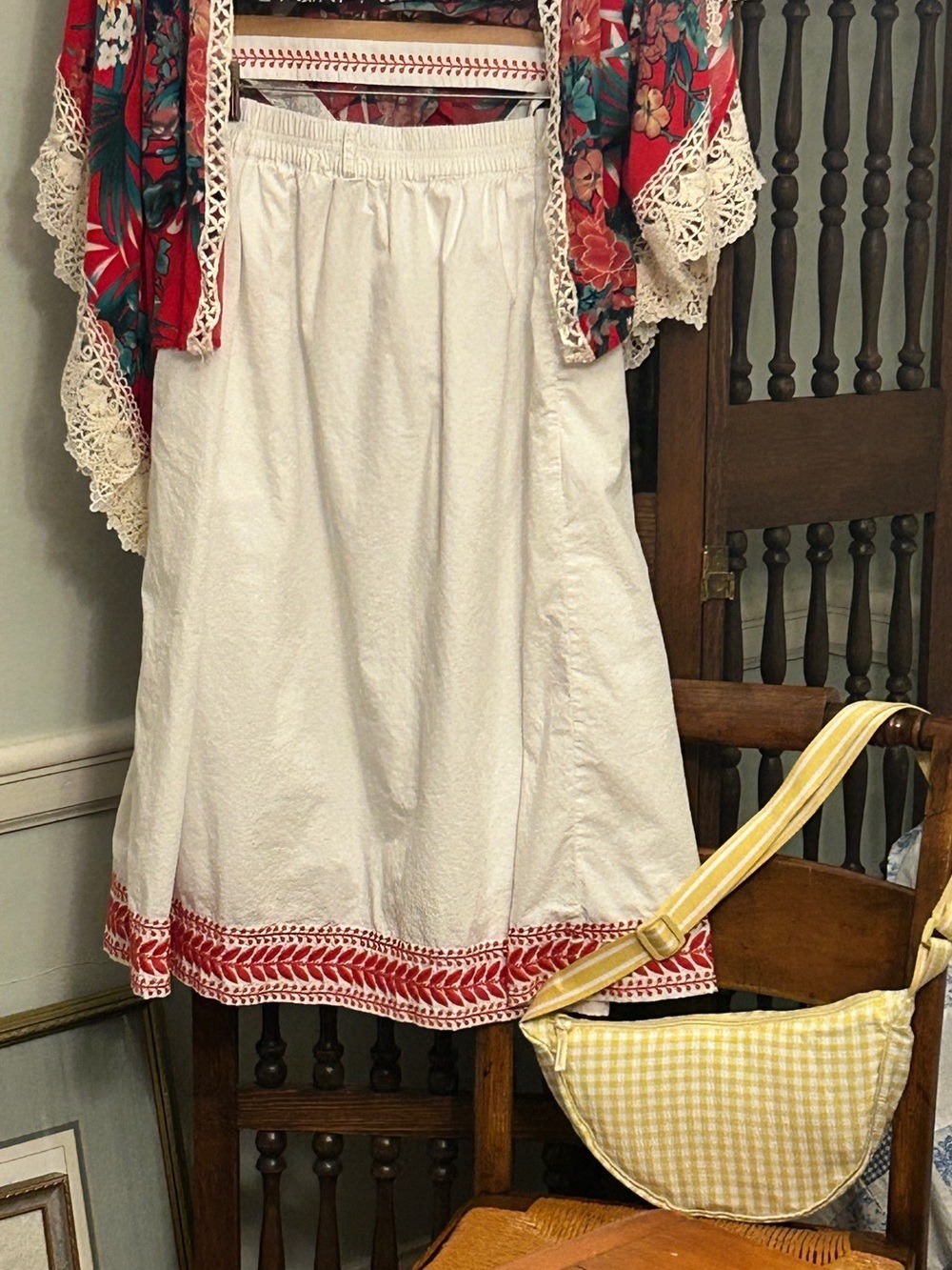 J Crew White Cotton Maxi Skirt Size L Scarlet Red Embroidery Sash Belt Lined - Picture 15 of 16